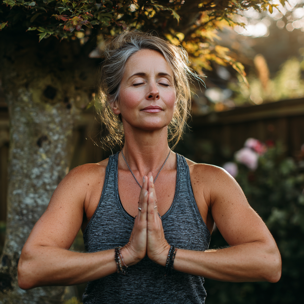 Confident woman in her late 40s practicing tree pose yoga outdoors in natural light, demonstrating balance and strength with a peaceful expression