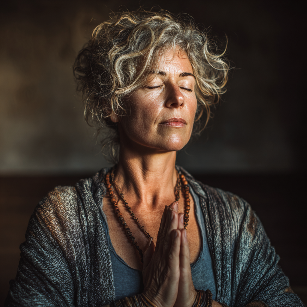 Serene middle-aged woman in her 50s practicing yoga meditation pose in a peaceful studio environment, embodying mindfulness and inner peace